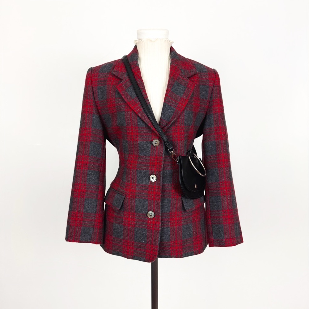 Vintage 90’s GAP Wool-Blend Plaid Blazer in Grey and Red | Size S
